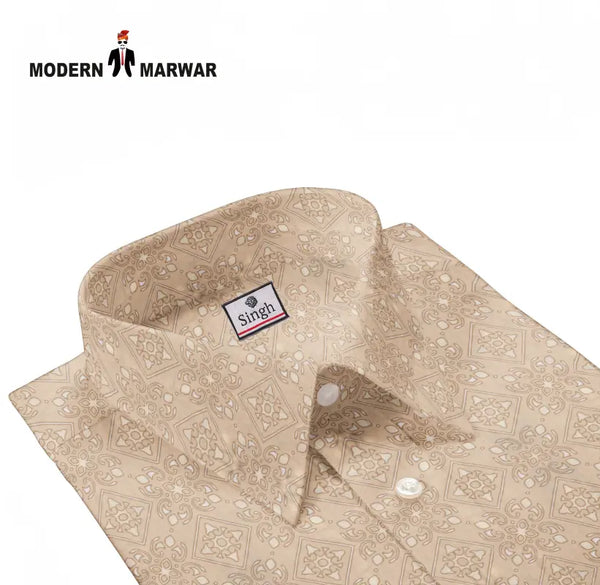 Beige men's designer formal shirt by SINGH with intricate pattern and buttoned collar