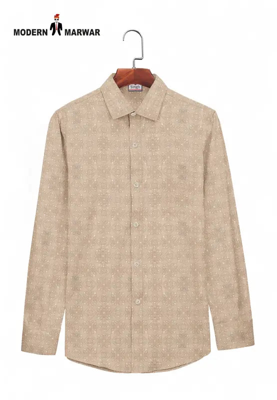 SINGH men's designer formal shirt in beige with subtle pattern and full sleeves on hanger