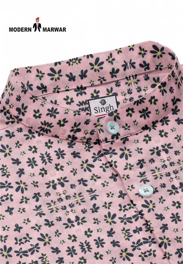 Modern Marwar men's floral dress shirt in pink with a stylish floral pattern and button details