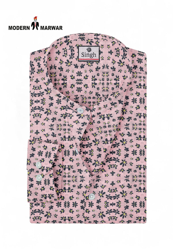 Modern Marwar men's floral dress shirt in pink with intricate floral patterns and a stylish collar