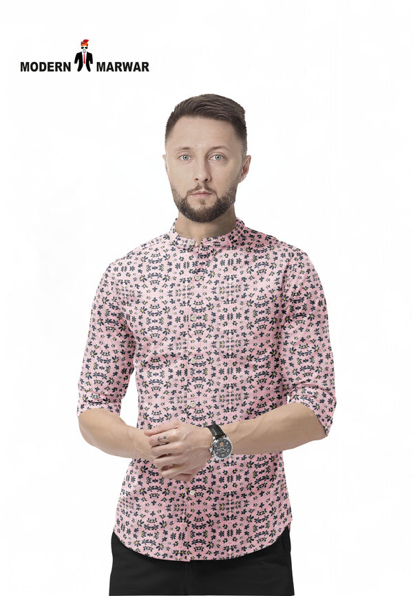 Modern Marwar men's floral dress shirt in pink with black floral patterns and rolled sleeves