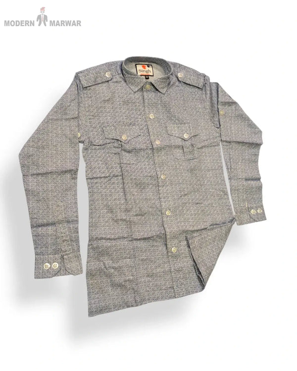 Men's grey formal shirt by Modern Marwar with buttoned pockets and collar details
