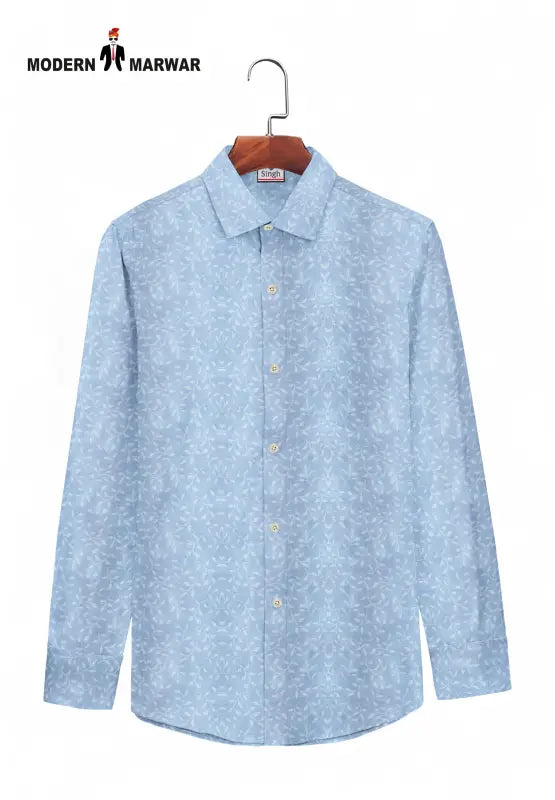 SINGH men's light blue formal shirt with subtle pattern and full button front on hanger