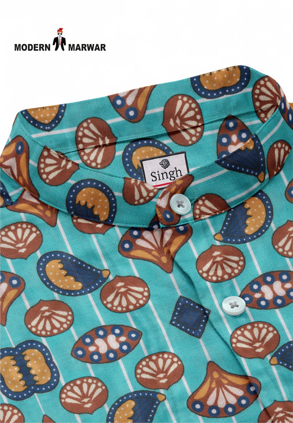 Modern Marwar men's patterned shirt featuring a vibrant design with unique motifs and a classic collar