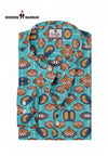 Modern Marwar men's patterned shirt in turquoise with colorful designs and a folded collar