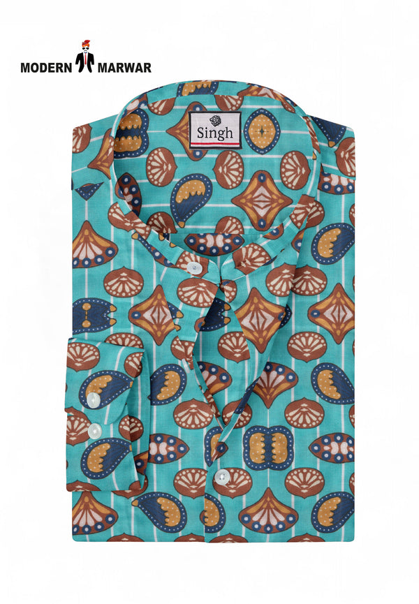 Modern Marwar men's patterned shirt in turquoise with colorful designs and a folded collar