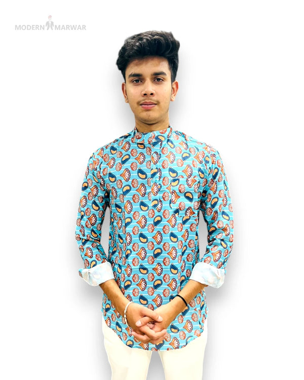 Men's patterned shirt by Modern Marwar in blue with unique print for stylish casual wear