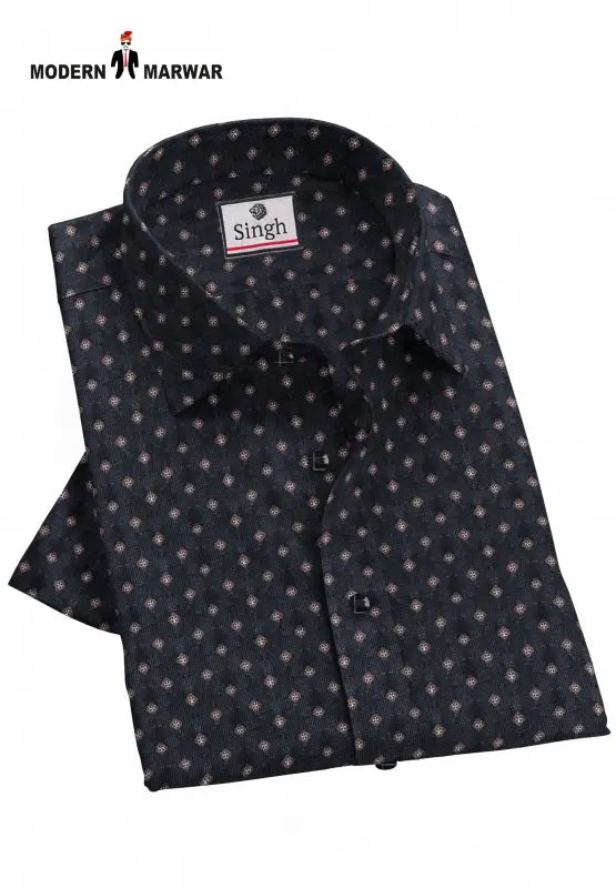 Singh men's printed casual shirt in black with subtle patterned design folded neatly