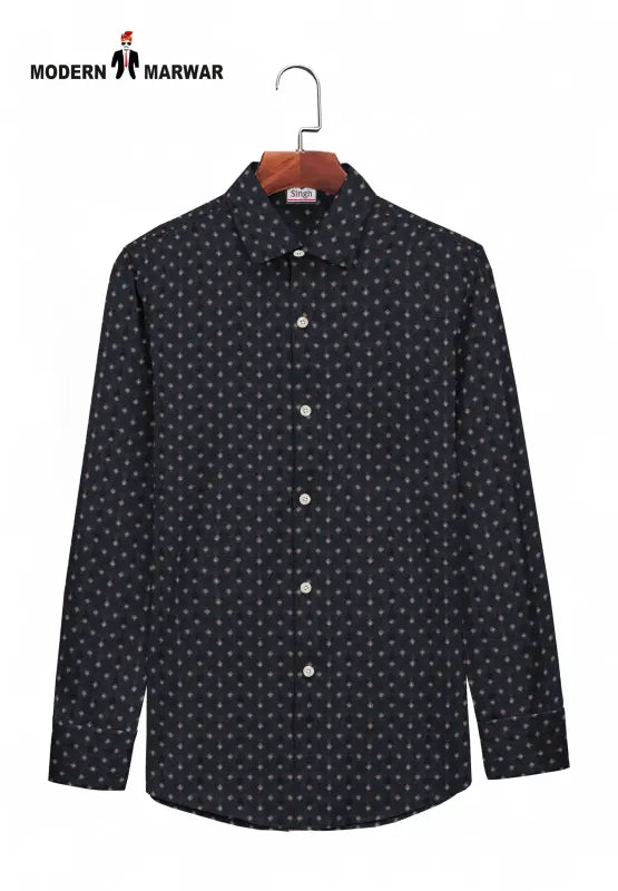 SINGH men's printed casual shirt in black with white patterns and button-down style