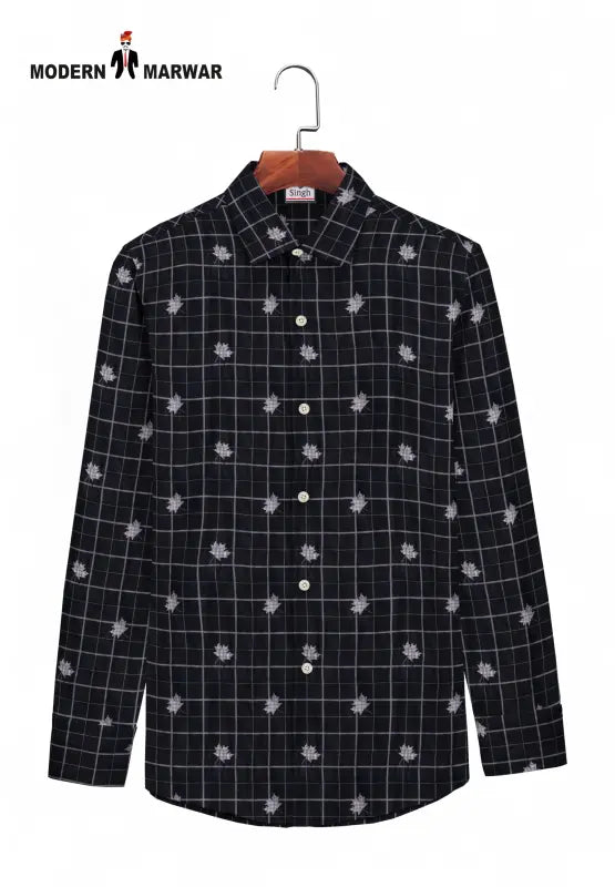 SINGH men's printed casual shirt in black with white check and floral patterns long sleeves