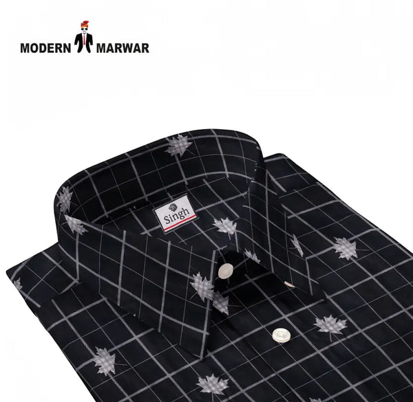 Singh men's printed casual shirt in black with white grid and floral pattern for stylish wear