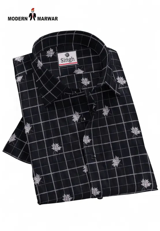Singh men's printed casual shirt in black with white checkered and floral design for casual wear