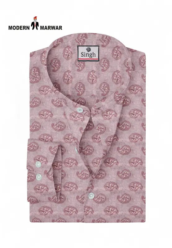 SINGH men's printed casual shirt in pink with paisley pattern and buttoned cuffs