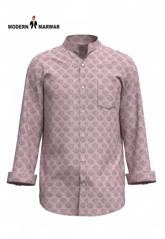 SINGH men's printed casual shirt in light pink with full sleeves and button-down design