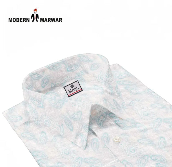 Singh men's printed formal shirt with light blue paisley pattern and classic collar