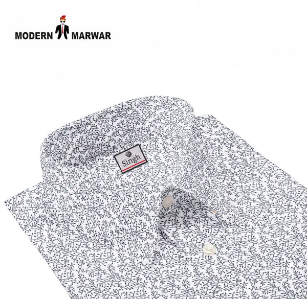 Singh men's printed formal shirt with black vine pattern on white fabric by Modern Marwar