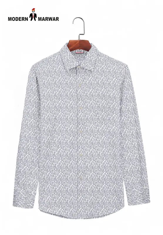 SINGH men's printed formal shirt in light gray with intricate white floral patterns and full sleeves