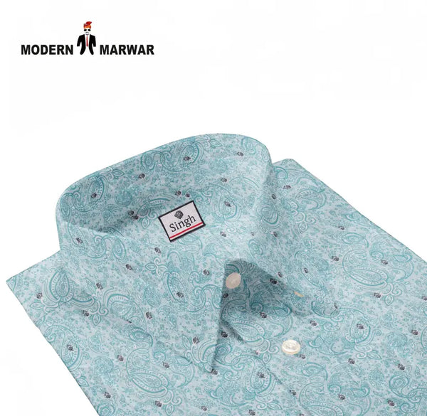Singh men's printed formal shirt in light blue with intricate paisley design and button closure