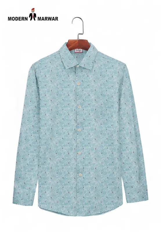 SINGH men's printed formal shirt in light blue with subtle pattern and button-down front