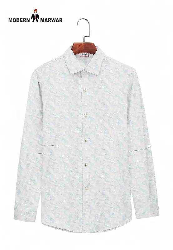 SINGH men's printed formal shirt in light color with subtle pattern and full sleeves on hanger