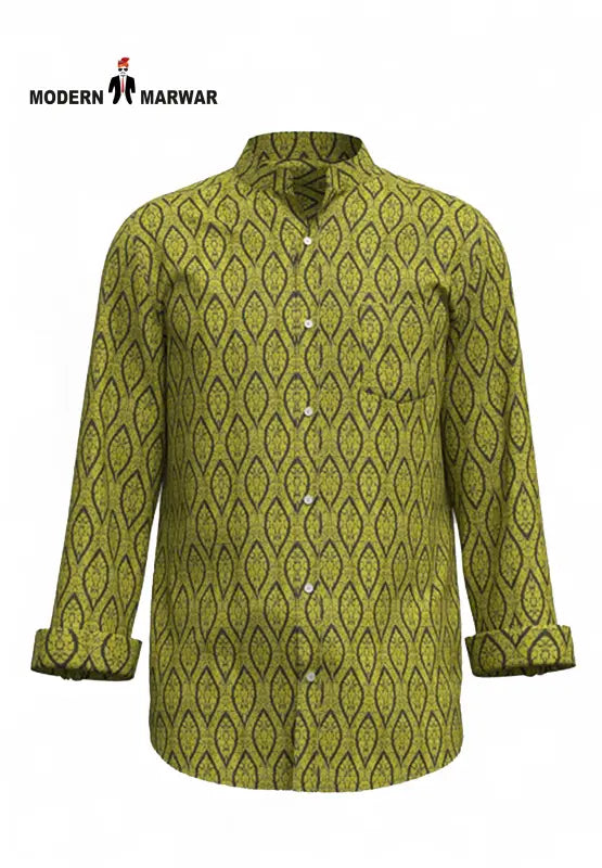 Singh men's printed kurta in green with leaf pattern and full sleeves from Modern Marwar
