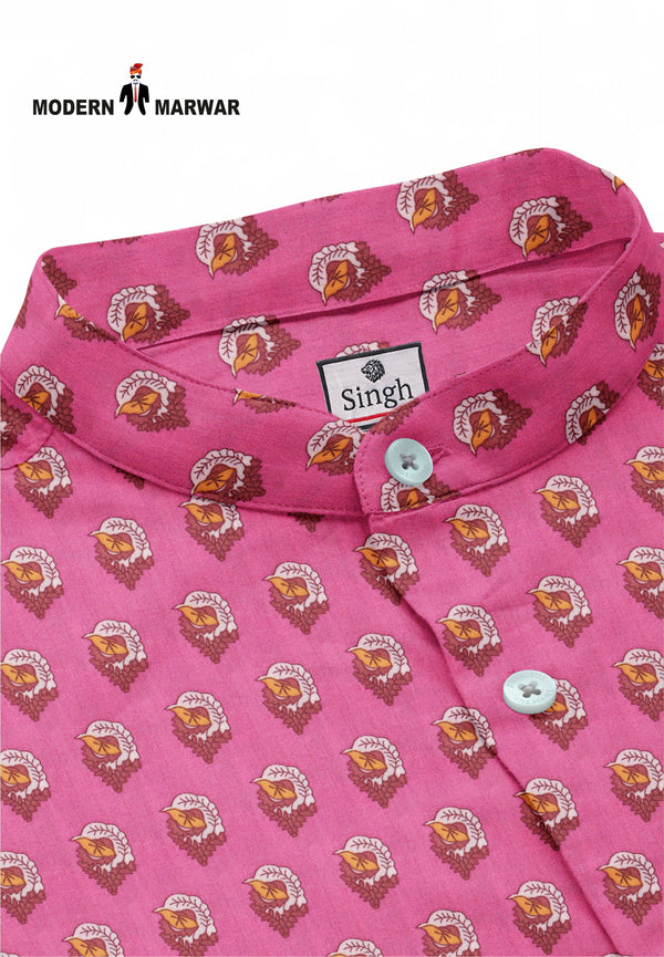 Modern Marwar men's printed kurta in pink with unique design and comfortable collar