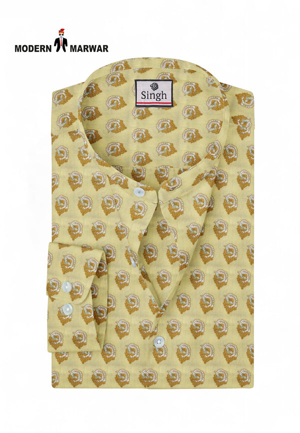 Modern Marwar men's printed kurta in yellow with stylish patterns and a button-down collar