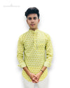 Modern Marwar men's printed kurta in yellow with intricate floral design and band collar