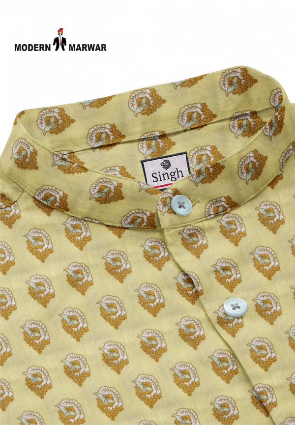 Men's printed kurta from Modern Marwar in yellow with intricate designs and button closure