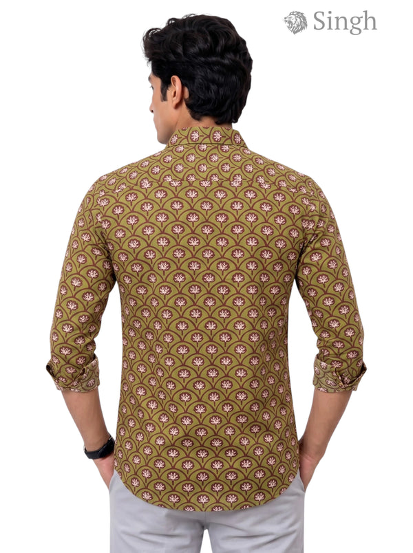 Shirt in olive green with Sanganeri floral print in cotton, featuring a back view of the Singh Mens Sanganeri Floral-15-107-1