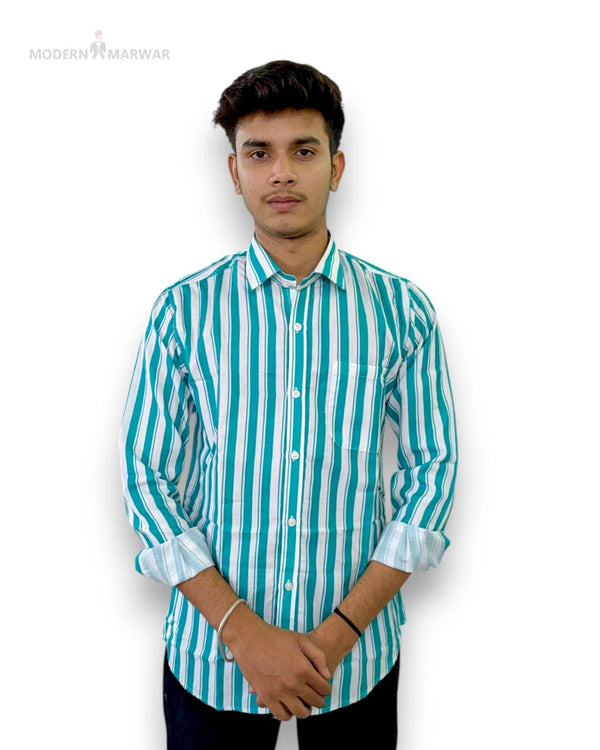 Men's striped shirt by Modern Marwar in blue and white with a classic fit and long sleeves