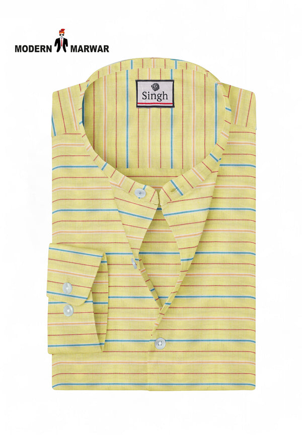 Men's yellow striped kurta by Modern Marwar featuring a trendy collar and button details