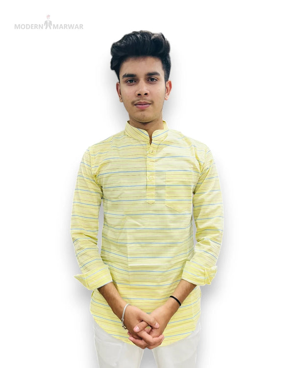 Men's yellow striped kurta from Modern Marwar with stylish collar and full sleeves