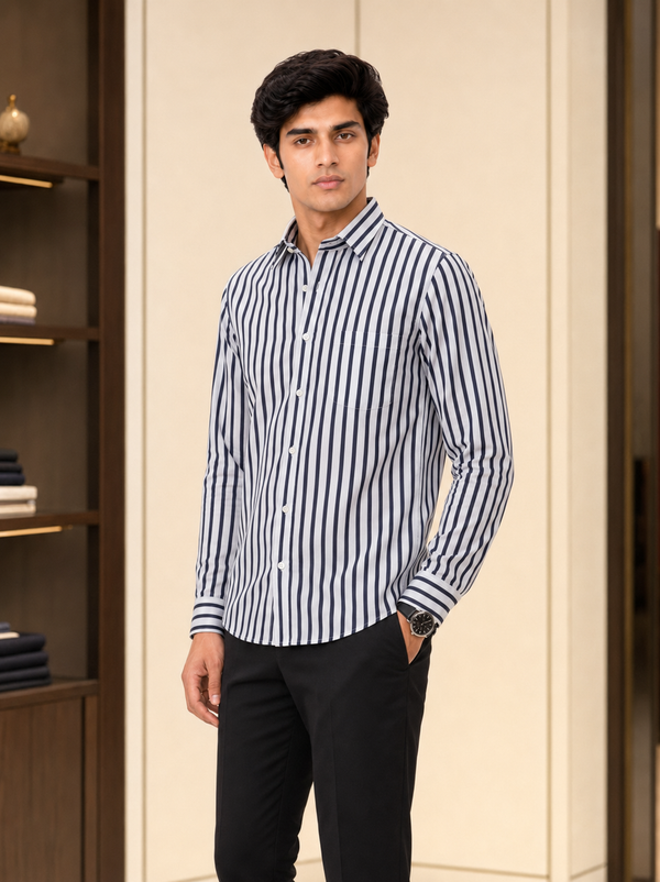 SINGH navy and white striped men's shirt 45 degree side view