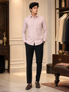 SINGH pink and white striped men's shirt full front lifestyle view