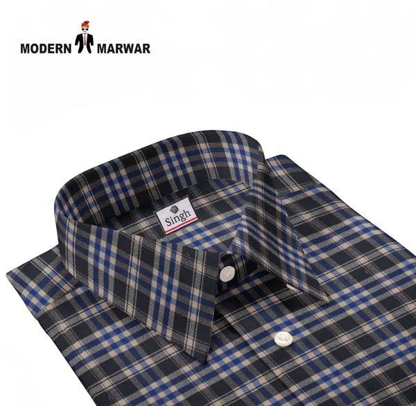 Premium checked shirts men in blue and black colors with a classic collar and button details