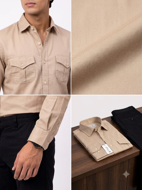 M Hunting Shirts in beige cotton, displayed at various angles with SINGH PREMIUM CODRAGE SHIRTS-13872-11