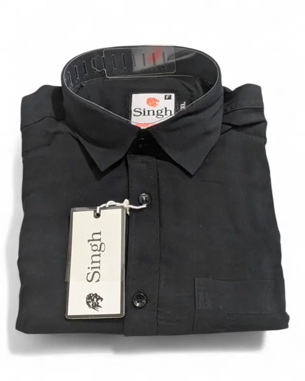 Folded premium men's black shirt from Modern Marwar with tag and collar details
