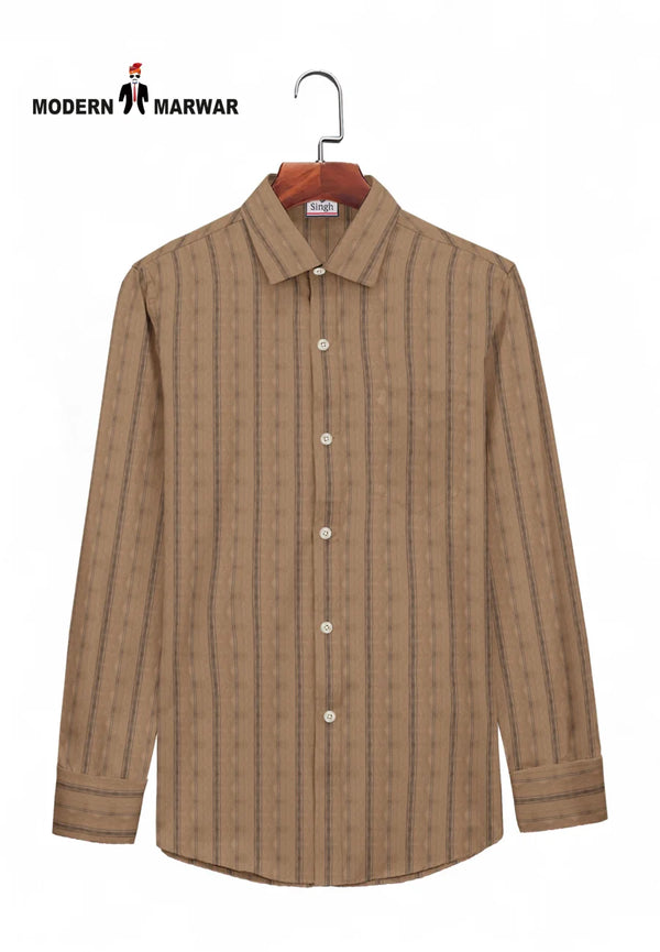 Modern Marwar Premium men's shirts in textured brown with vertical stripes and button-down collar