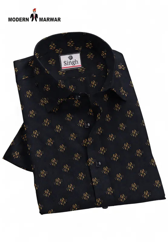 Premium men's shirts online featuring a black design with a stylish bee pattern from Modern Marwar