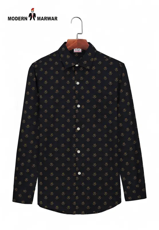 Stylish black premium men's shirt online with intricate pattern and button-down collar