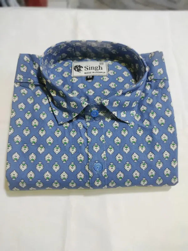 Sanganeri print men's shirt in blue with floral patterns and button-down collar