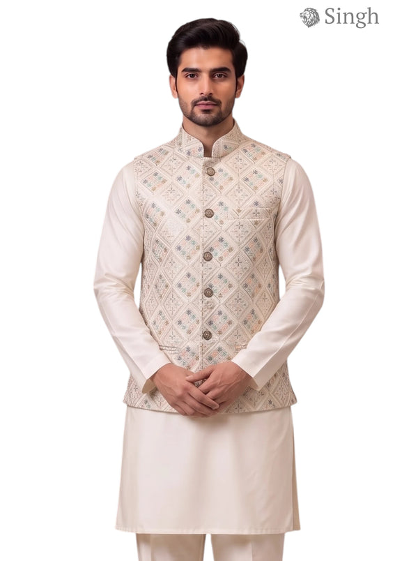 Men's beige Singh SIMPLE KOTI-20-102-1-40 Royal Weddings in a front view showcasing intricate design