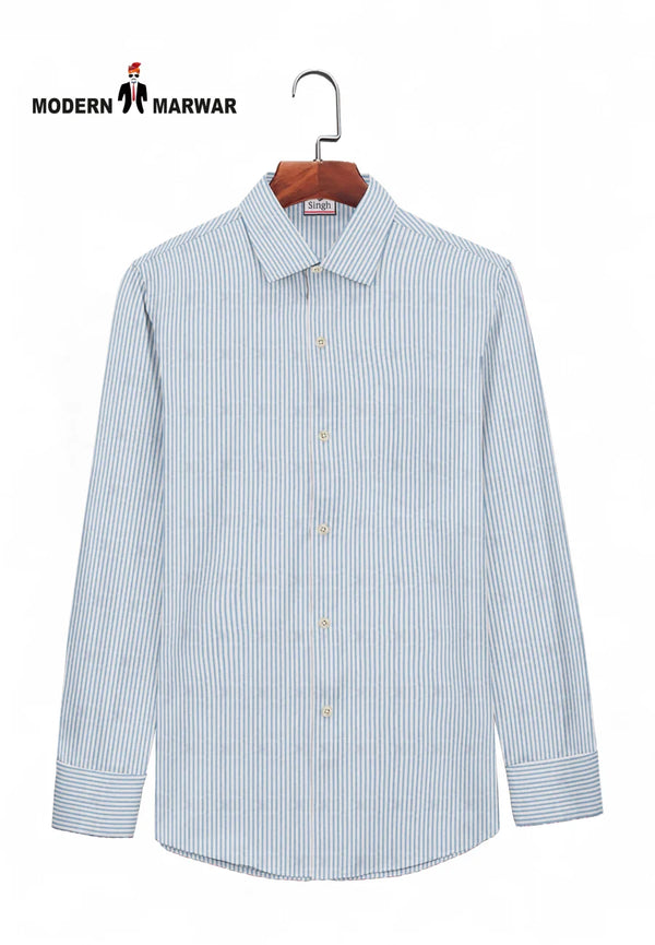 Light blue striped formal shirt for men by Modern Marwar with long sleeves and collar