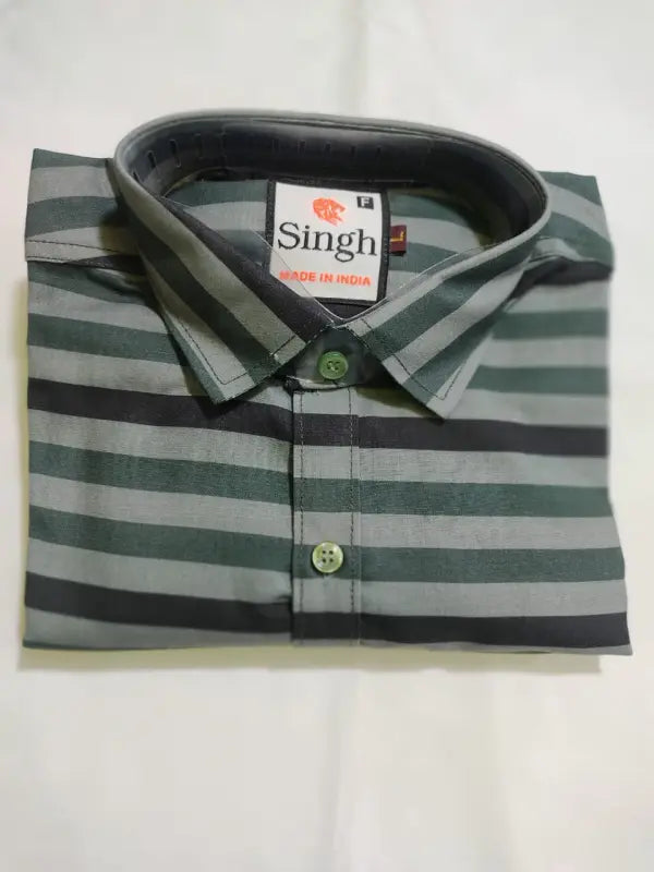 Modern Marwar striped men's shirt in green and gray with a classic collar and button-up design