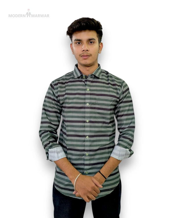 Modern Marwar striped men's shirt in gray and green with a classic collar for casual wear