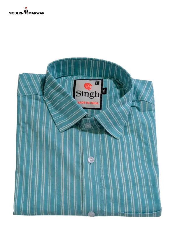 Modern Marwar Singh Men's Shirt in Blue and White Stripes, Made in India with a Classic Collar