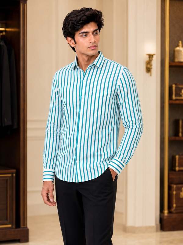 SINGH turquoise and white striped men's shirt 45 degree side view
