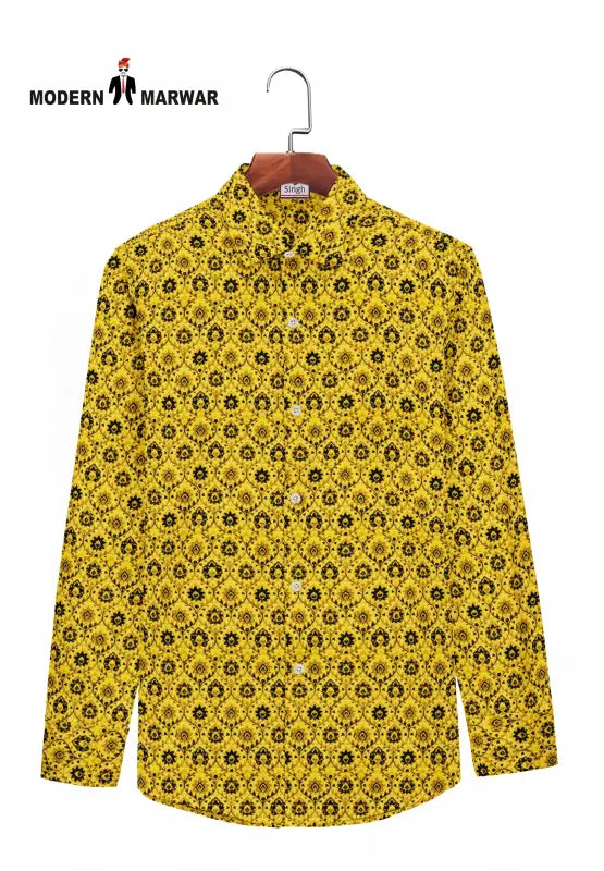 Singh yellow printed shirt for men with black floral pattern and button-down front