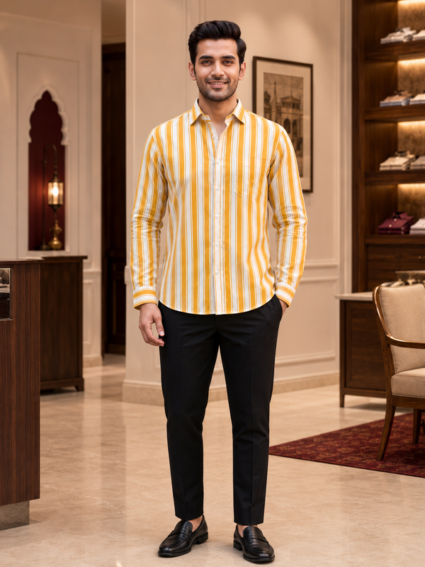 SINGH yellow striped men's shirt 15-114-10 full front lifestyle view